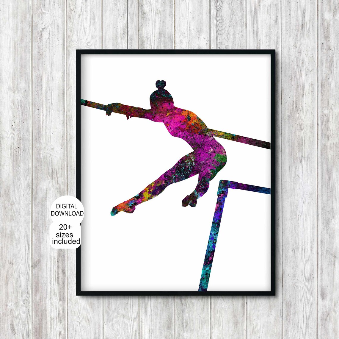 Colorful Watercolor Gymnast Uneven Bars Silhouette Sports Poster