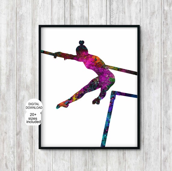 Womens Gymnastics Print Watercolor Uneven Bars Gymnastics Girls Room Decor Female Gymnast Sport Poster Colorful Wall Art