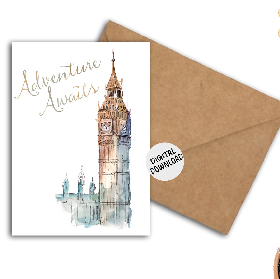 Adventure Awaits London Big Ben Watercolor Travel Card Poster