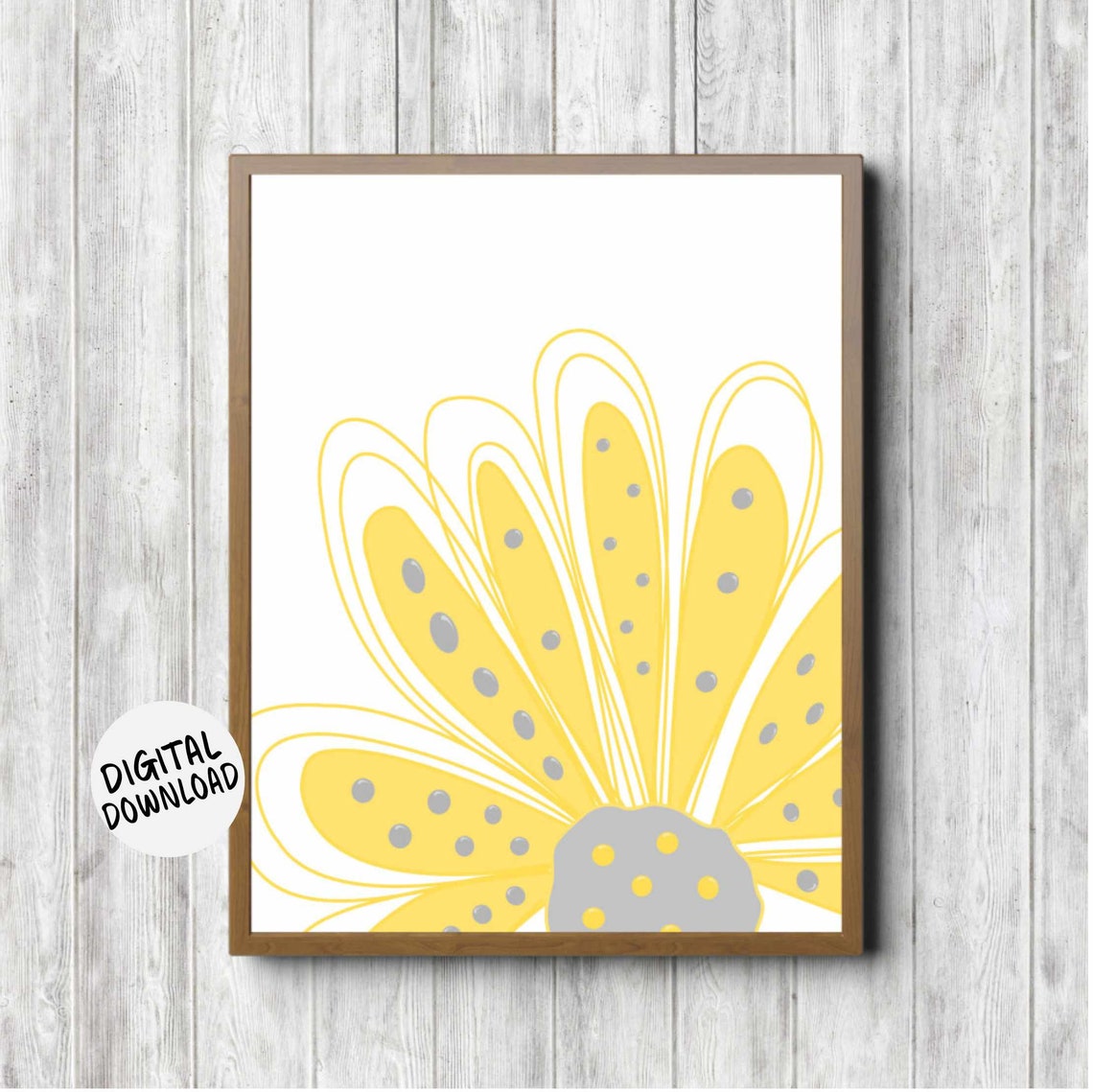 Big Yellow Flower With Gray Dots Modern Nursery Kids Room Print