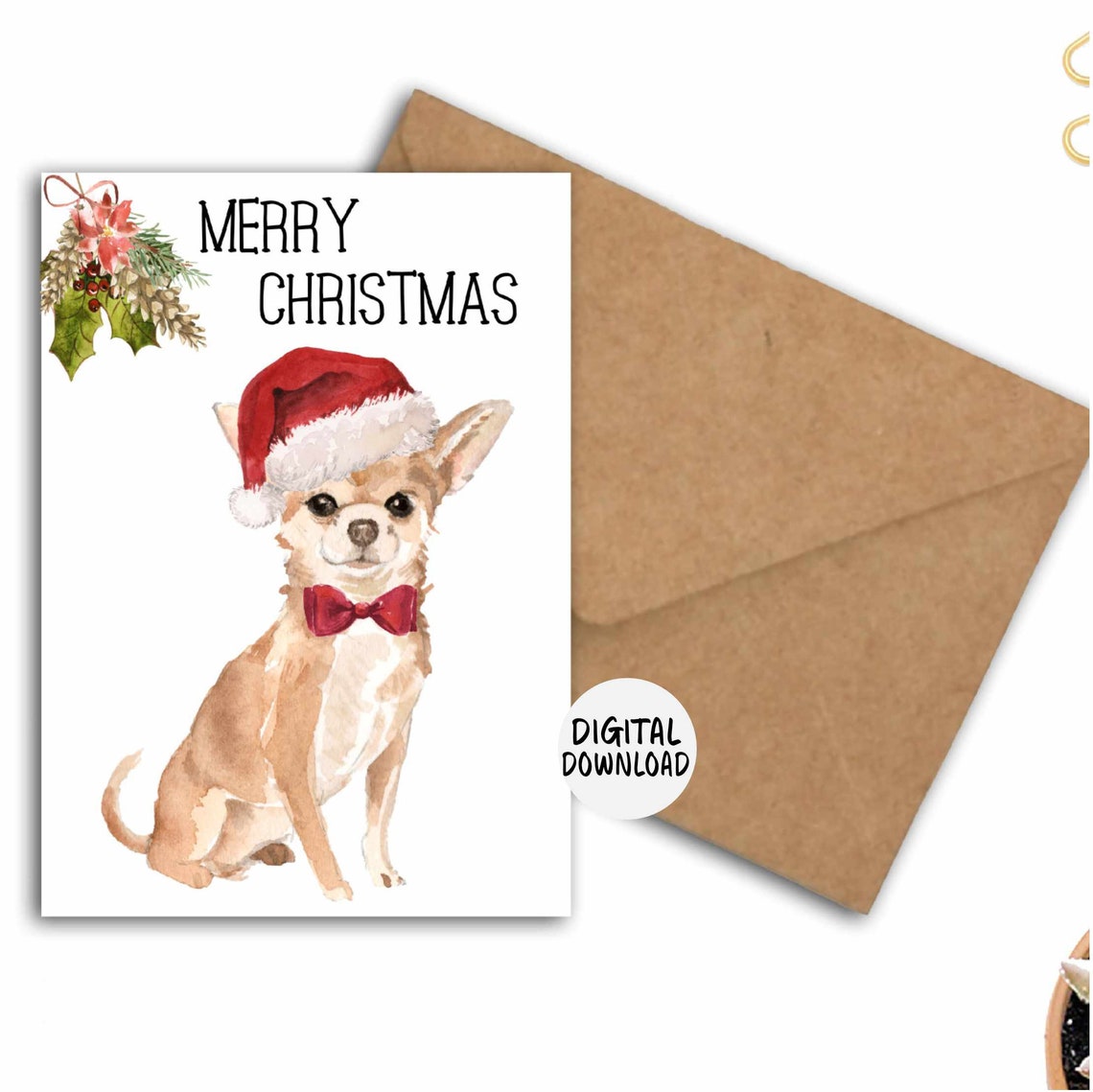 Merry Christmas Chihuahua Santa Hat Bow Tie Watercolor Card Print