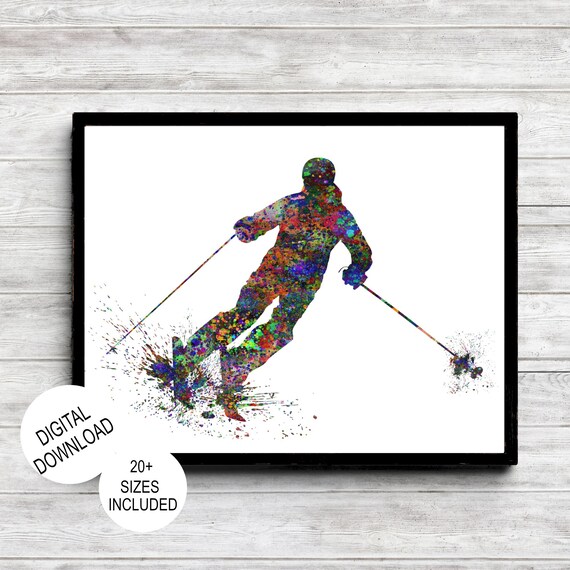 Alpine Skier Carving Turn Colorful Watercolor Splash Winter Sports Fan Poster