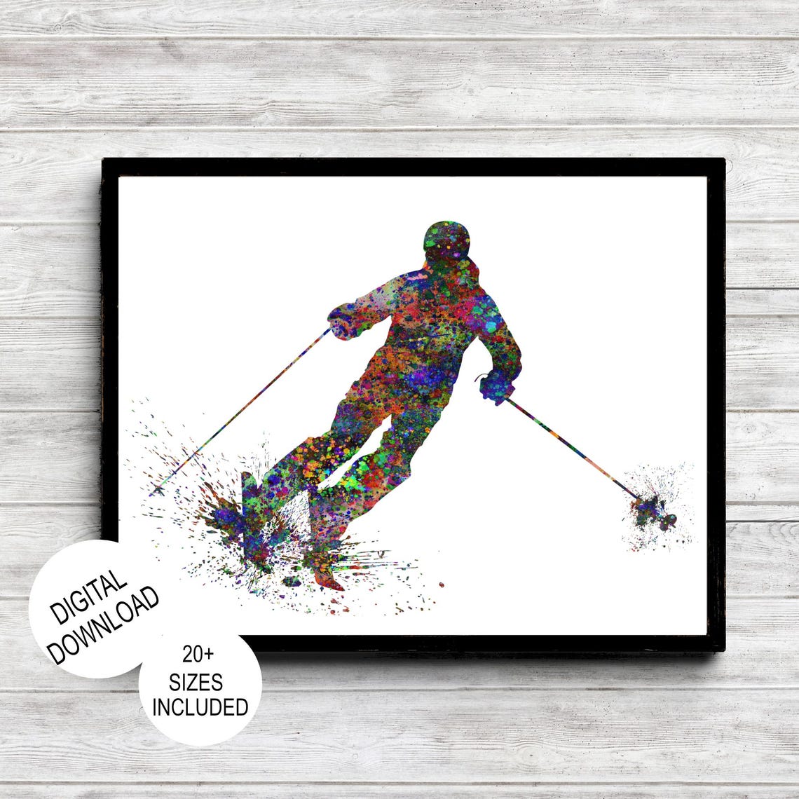 Snow Ski Poster Mancave Decor Skiing Wall Art For Teen Boys Kids Room Watercolor Skier With Paint Splatter Mens Winter Sports