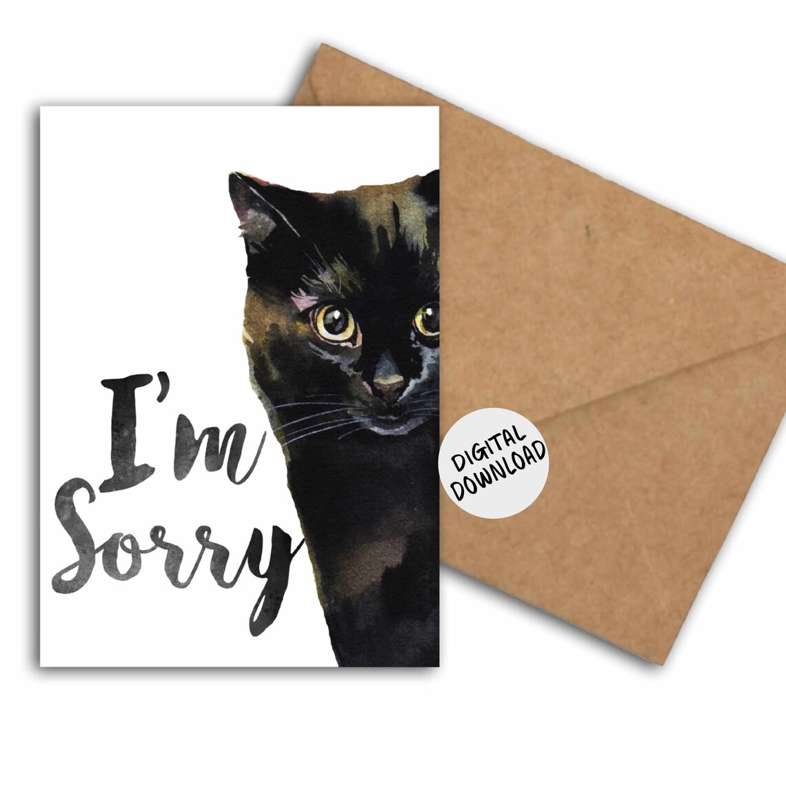 I'm Sorry Watercolor Black Cat Apology Card Digital Download Print For Her
