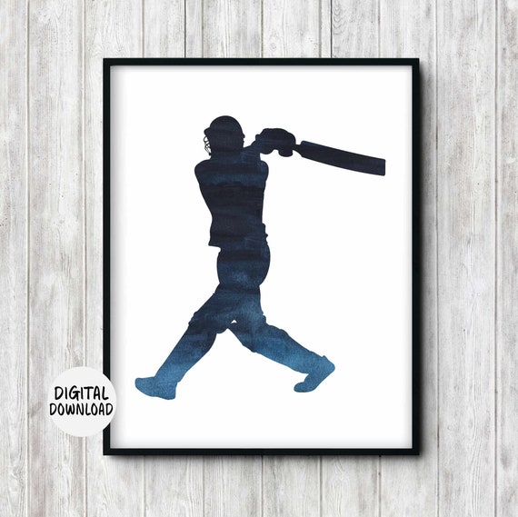 Cricket Batsman Silhouette Wall Art Sports Boys Room Nursery Baby Shower Decor Navy Blue