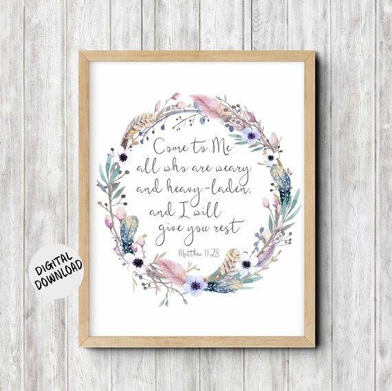 Matthew 11 28 Come To Me Watercolor Floral Wreath Scripture Poster