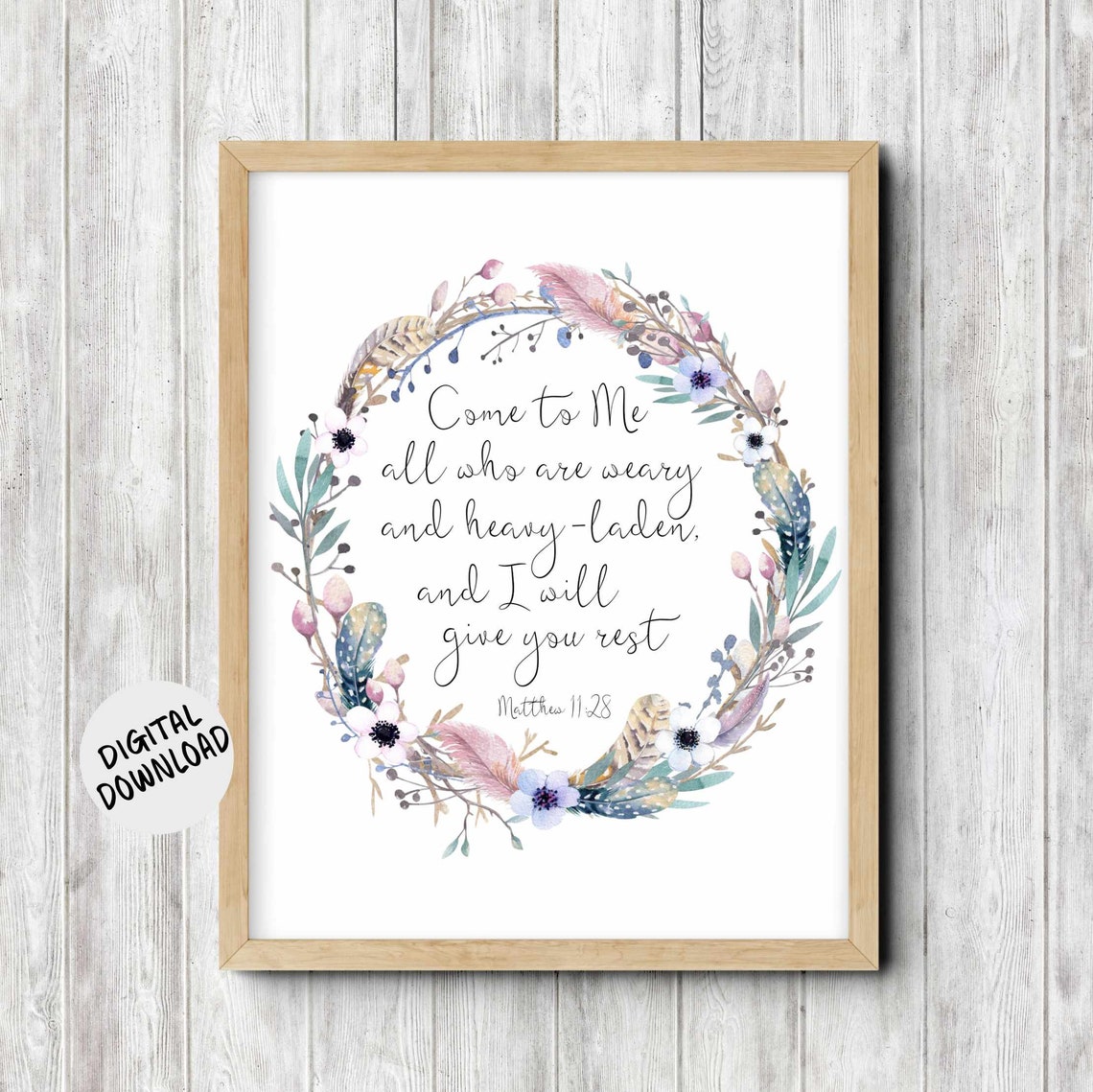 Matthew 11 28 Come To Me Watercolor Floral Wreath Scripture Poster