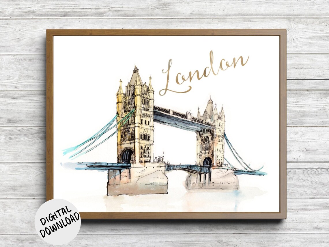Famous London Tower Bridge Watercolor Landmark Travel Art Poster