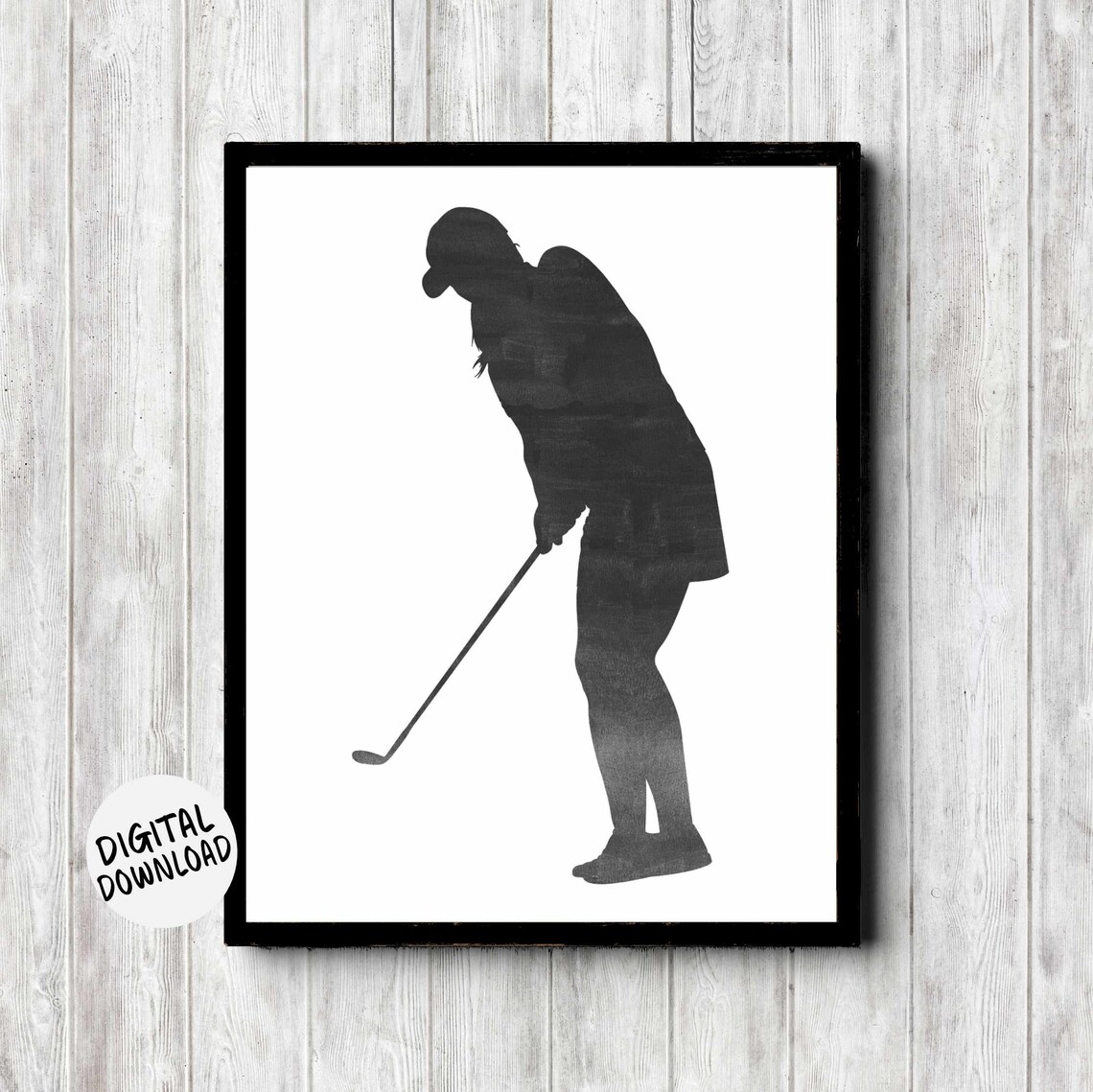Woman Golfer Silhouette Putting Stance Gray Watercolor Poster