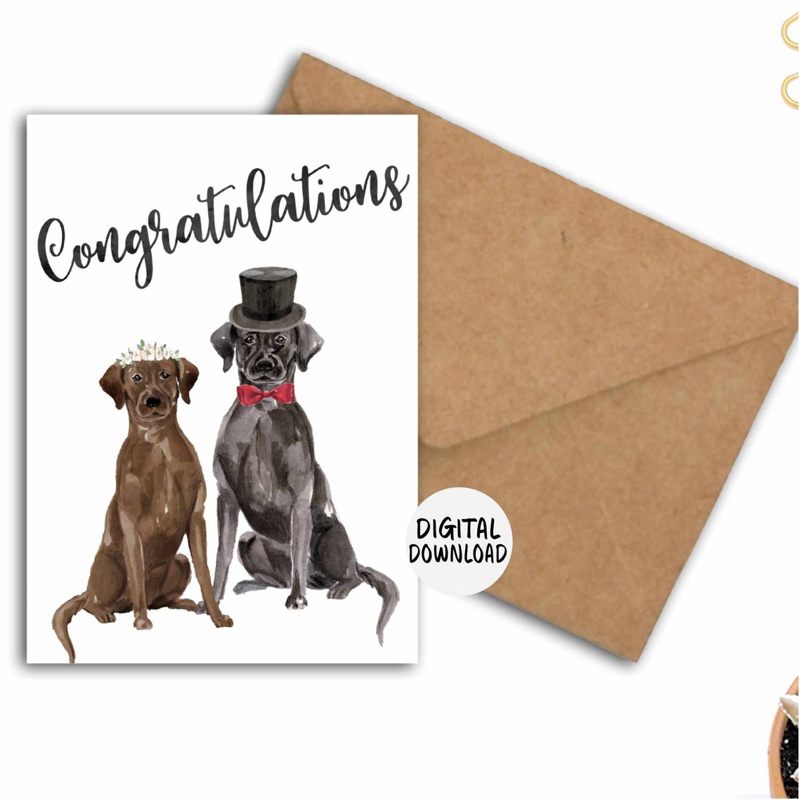 Labrador Wedding Day Congratulations Watercolor Dogs Card Art Print