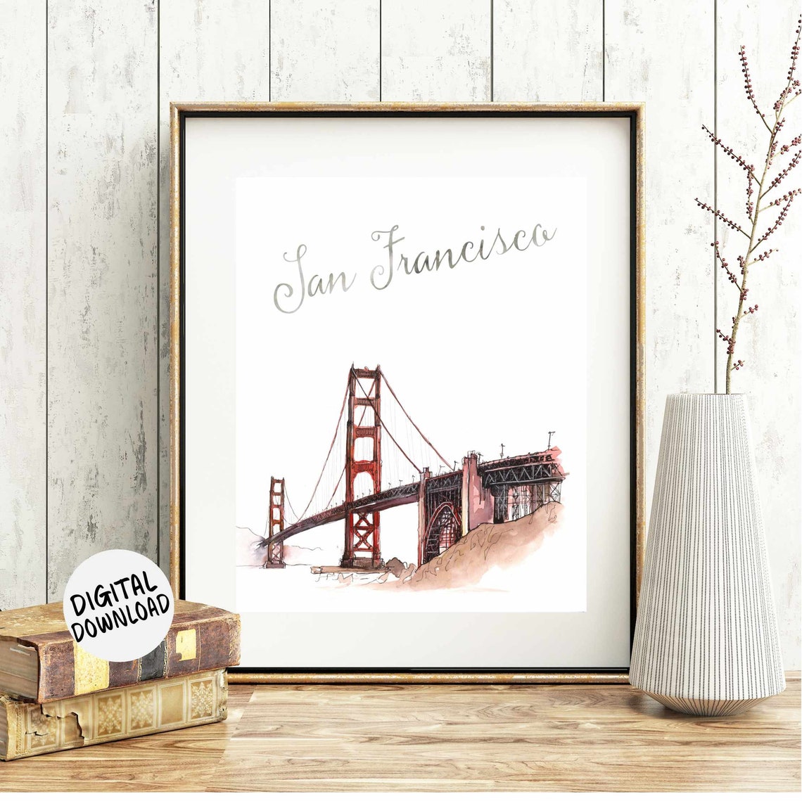 San Francisco Golden Gate Bridge Watercolor Script Travel Poster