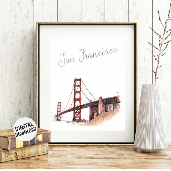 Golden Gate Bridge Art San Francisco Picture Watercolor Famous Landmark World Cities Poster Travel Wall Decor