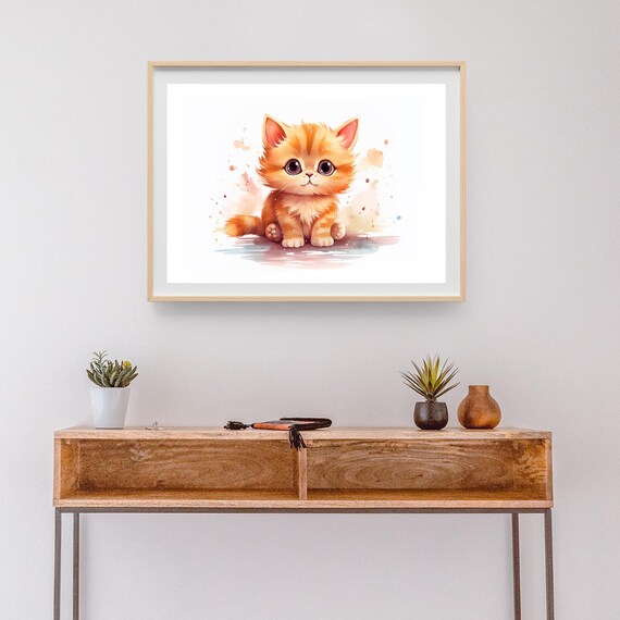 Cute Orange Tabby Kitten Watercolor Adorable Cat Nursery Wall Art