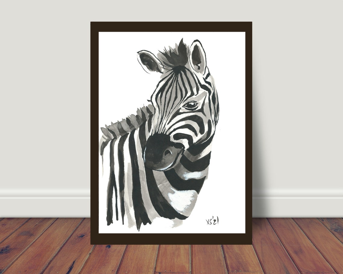 Black and White Zebra Portrait Ink Watercolor Safari Art Print Study - Image 3