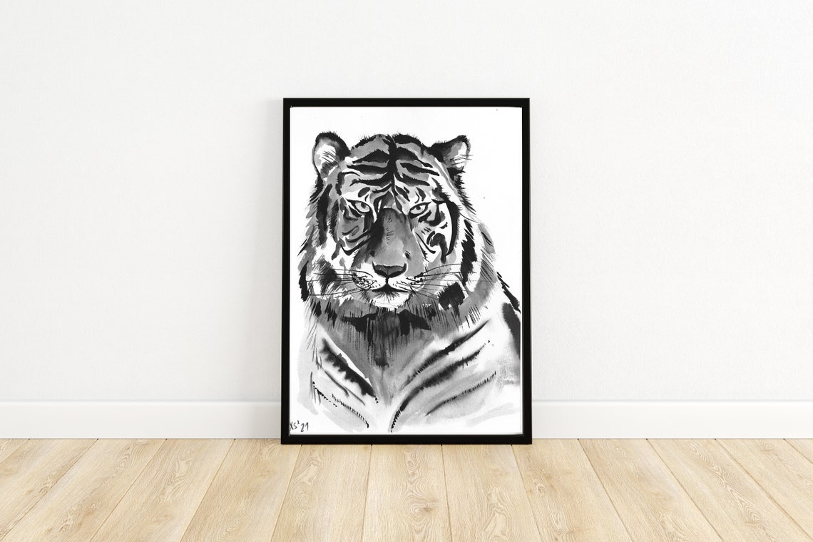 Black Ink Tiger Portrait Bold Watercolor Wildlife Art Print Head Study - Image 3
