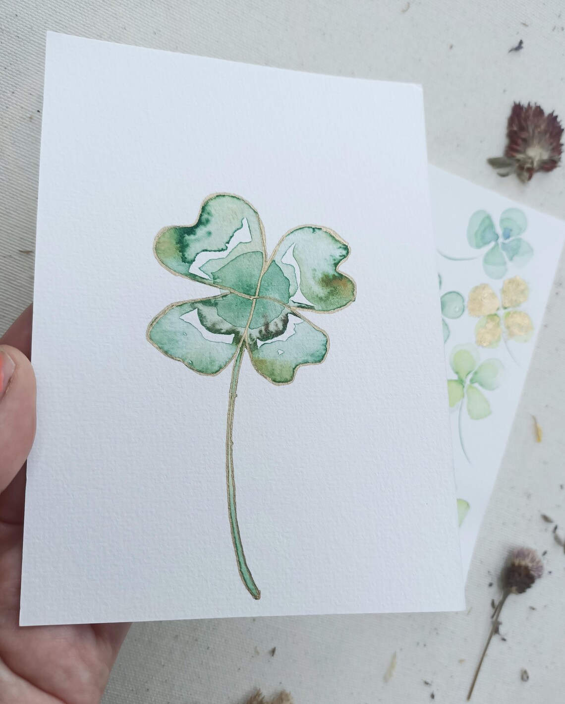 Hand Painted Four Leaf Clover Gold Outline Watercolor Card Poster