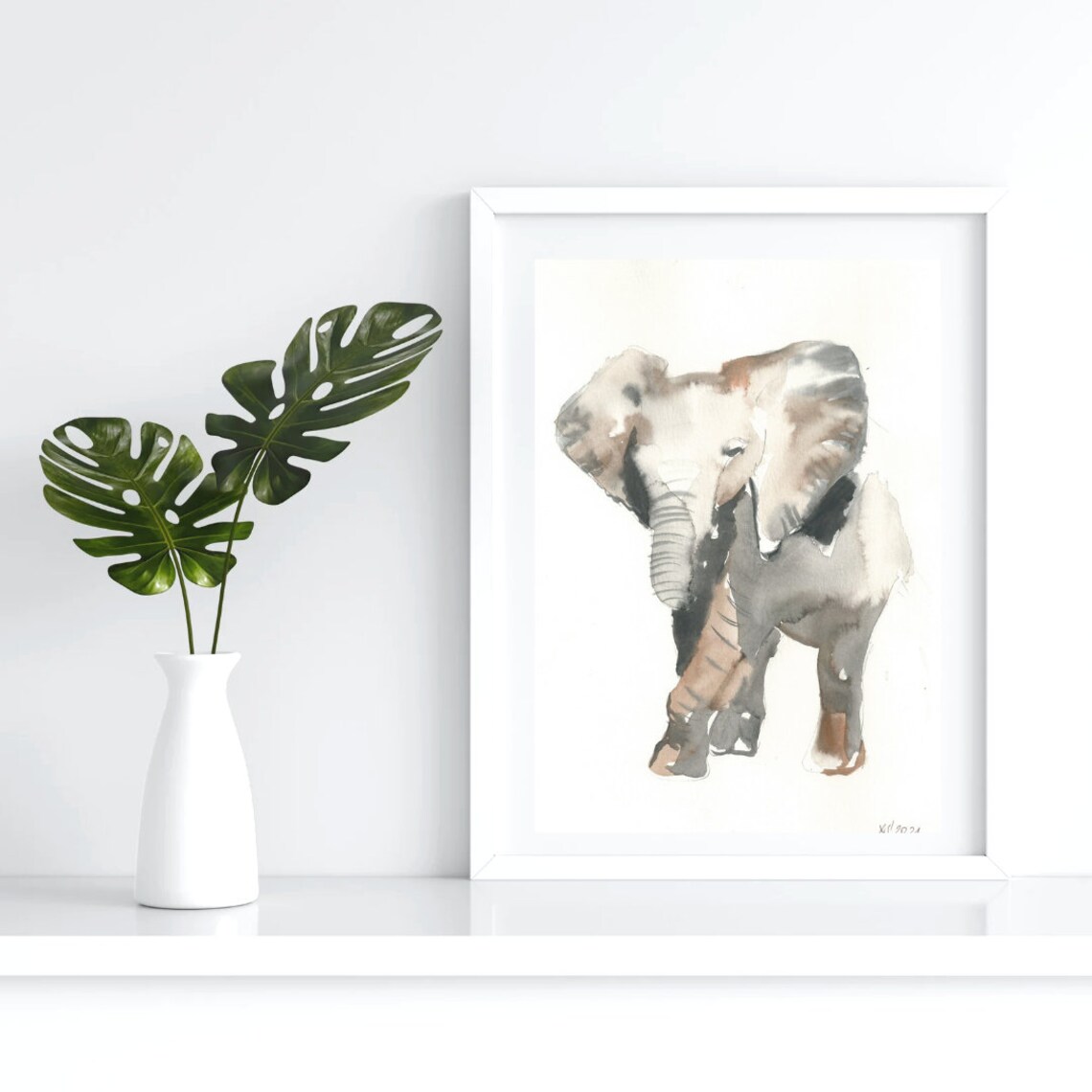 Baby Elephant Watercolor Safari Animal Art Print in Soft Neutral Tones - Image 3