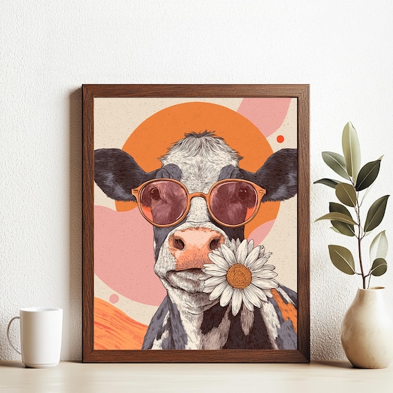 Cool Cow With Sunglasses And Daisy Retro Farm Animal Wall Art Funny Print For Kitchen Or Barn Decor