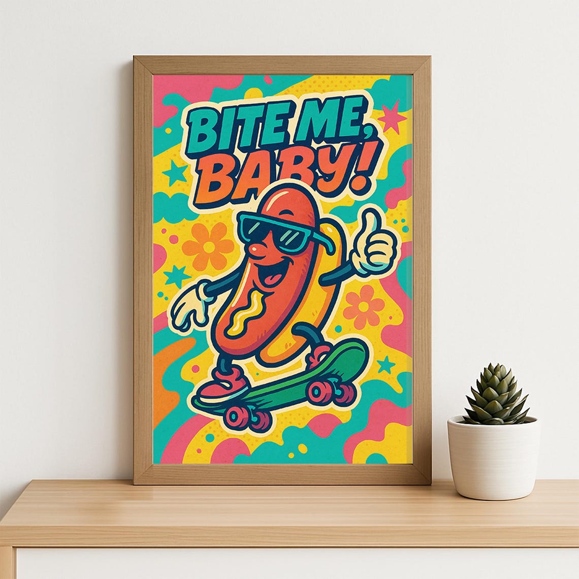 Funny Bite Me Baby Hot Dog Poster Skateboarding Cartoon Pop Art
