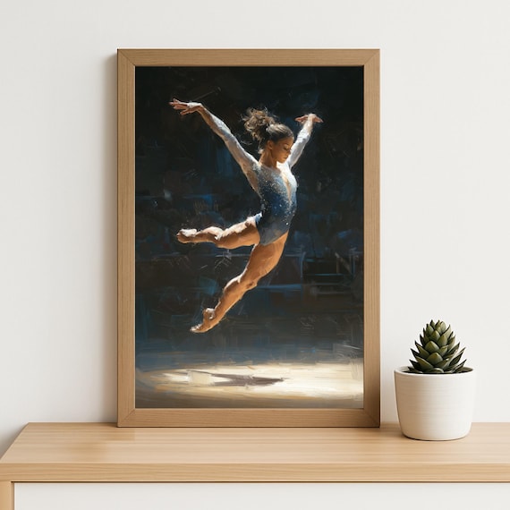 Female Gymnast Leaping Dramatic Oil Painting Sports Wall Art