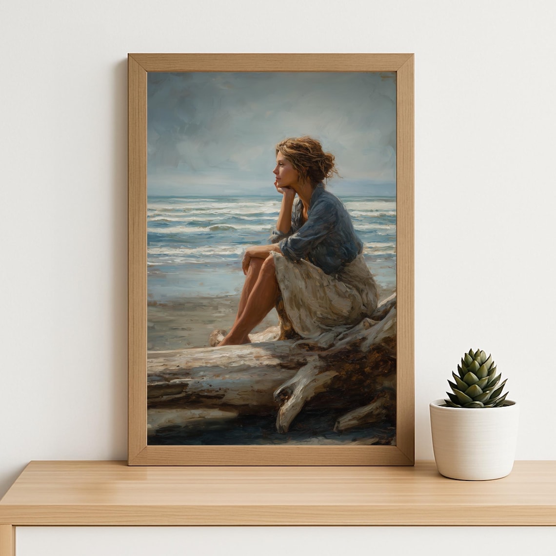 Contemplative Woman Sitting by the Sea Oil Painting Print in Muted Tones