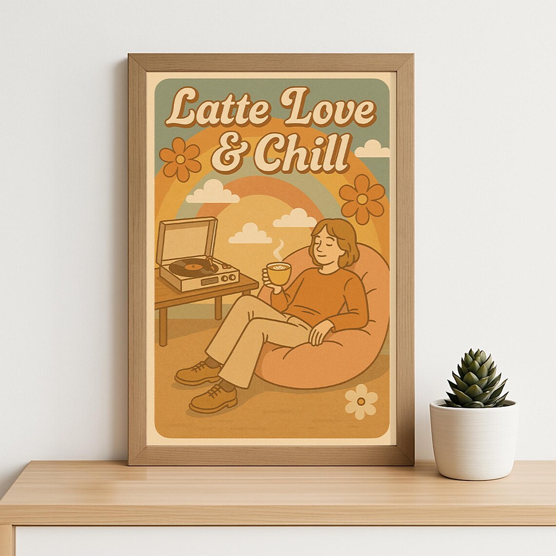 Latte Love And Chill Retro 70s Groovy Coffee Rainbow Art Poster - Image 4