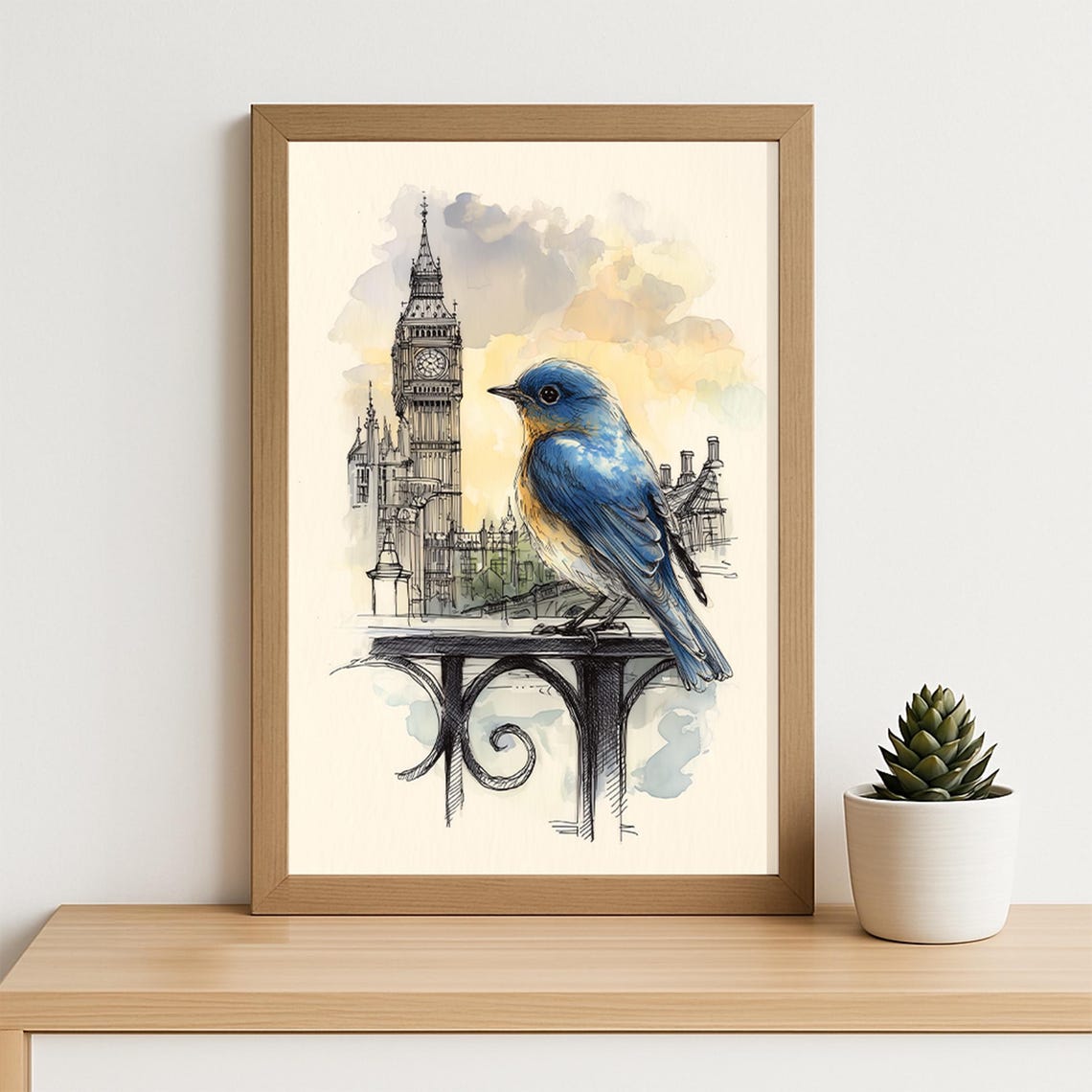 Sweet Bluebird Big Ben London Skyline Bird Watercolor Poster - Image 4