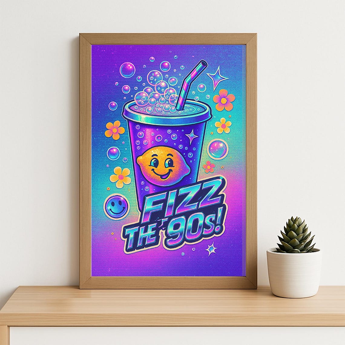Neon Fizz the 90s Poster Glowing Soda Cup with Smiley Lemon Art
