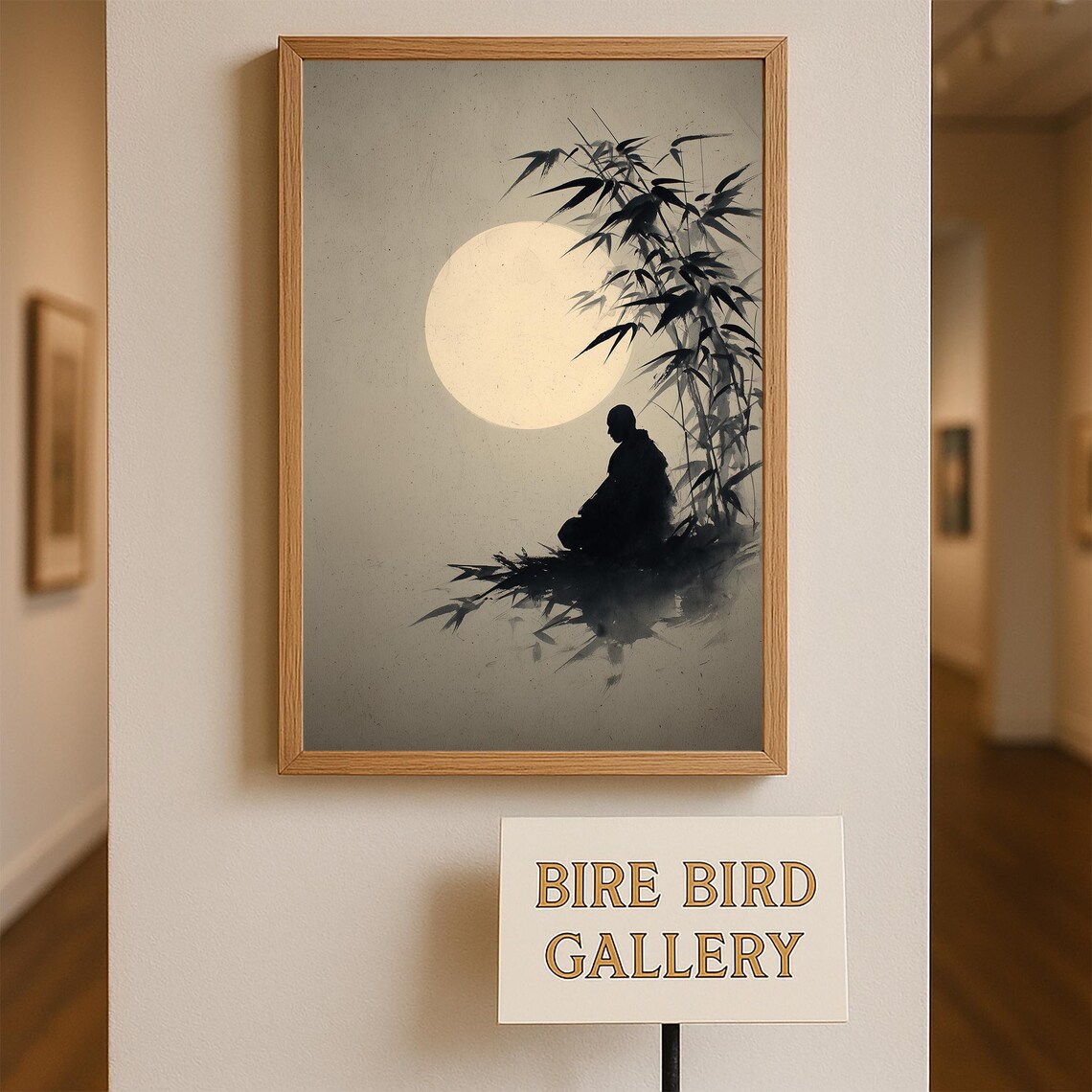 Zen Monk Bamboo Moon Japanese Ink Wash Poster