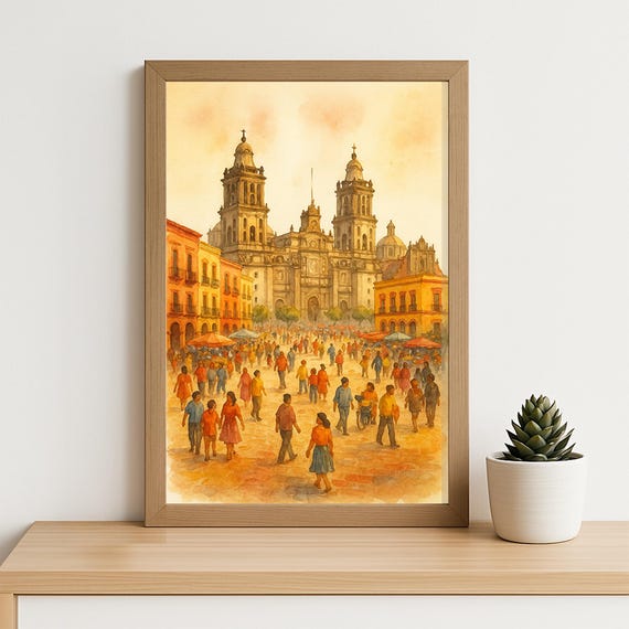 Watercolor Painting Of Mexico City Zcalo Historic Cathedral Plaza Urban Street Market Scene Vibrant Latin Wall Art Print