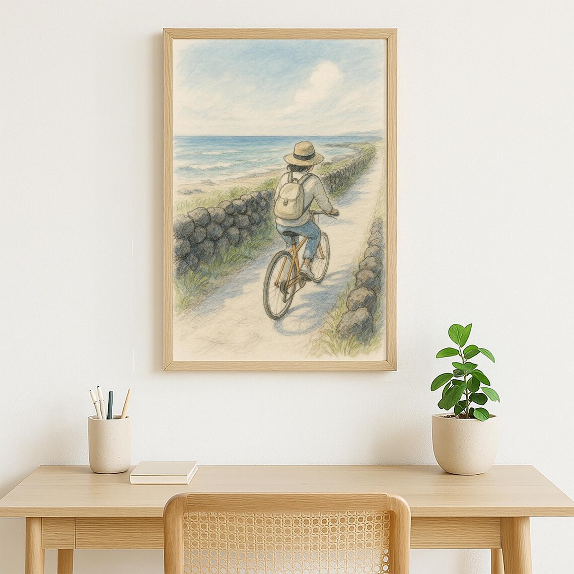 Woman Cycling Coastal Road Ocean View Drawing Travel Art Poster - Image 3