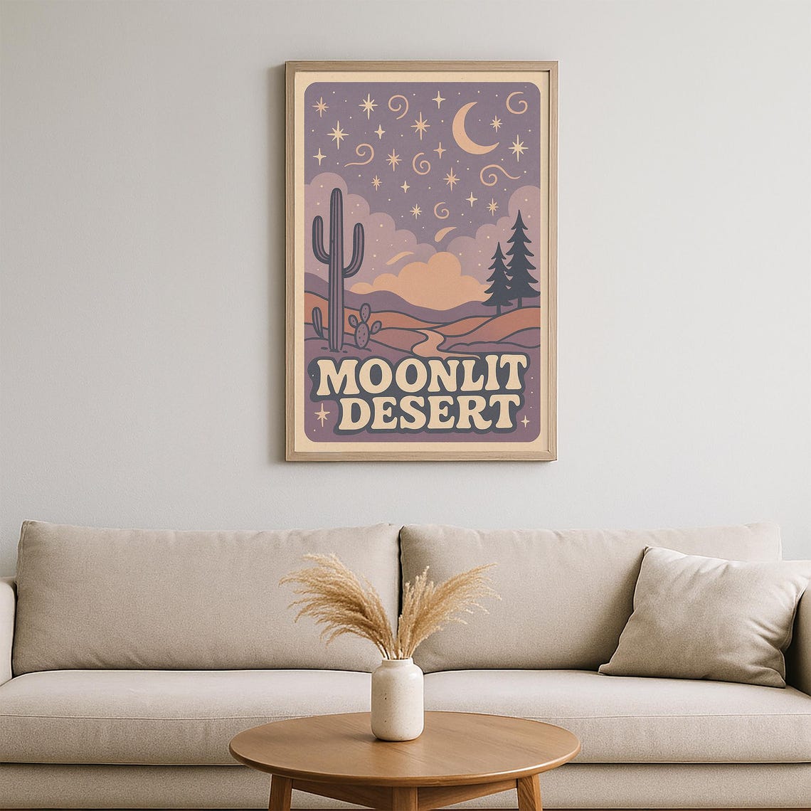 Moonlit Desert Poster Retro Groovy Night Landscape Wall Art 70s Boho Print - Image 2
