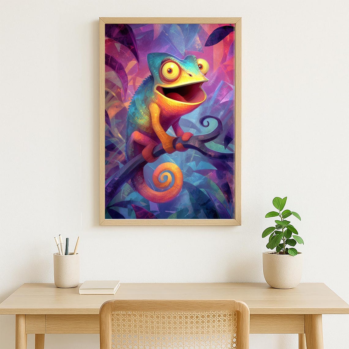 Playful Smiling Chameleon Neon Jungle Cartoon Animal Art Poster - Image 4