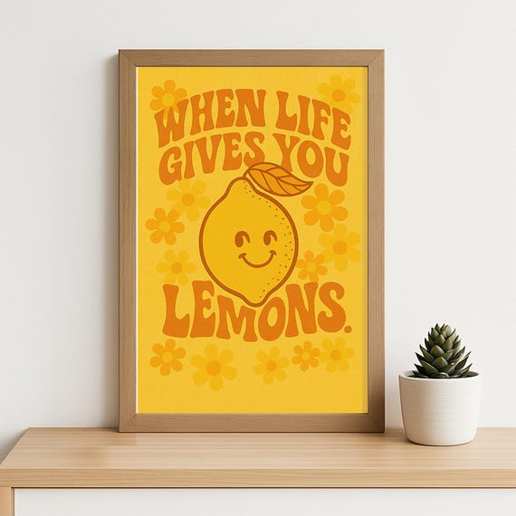 Retro Lemon Wall Art Print When Life Gives You Lemons Quote 70s Groovy Kitchen Poster Vintage Illustration Decor