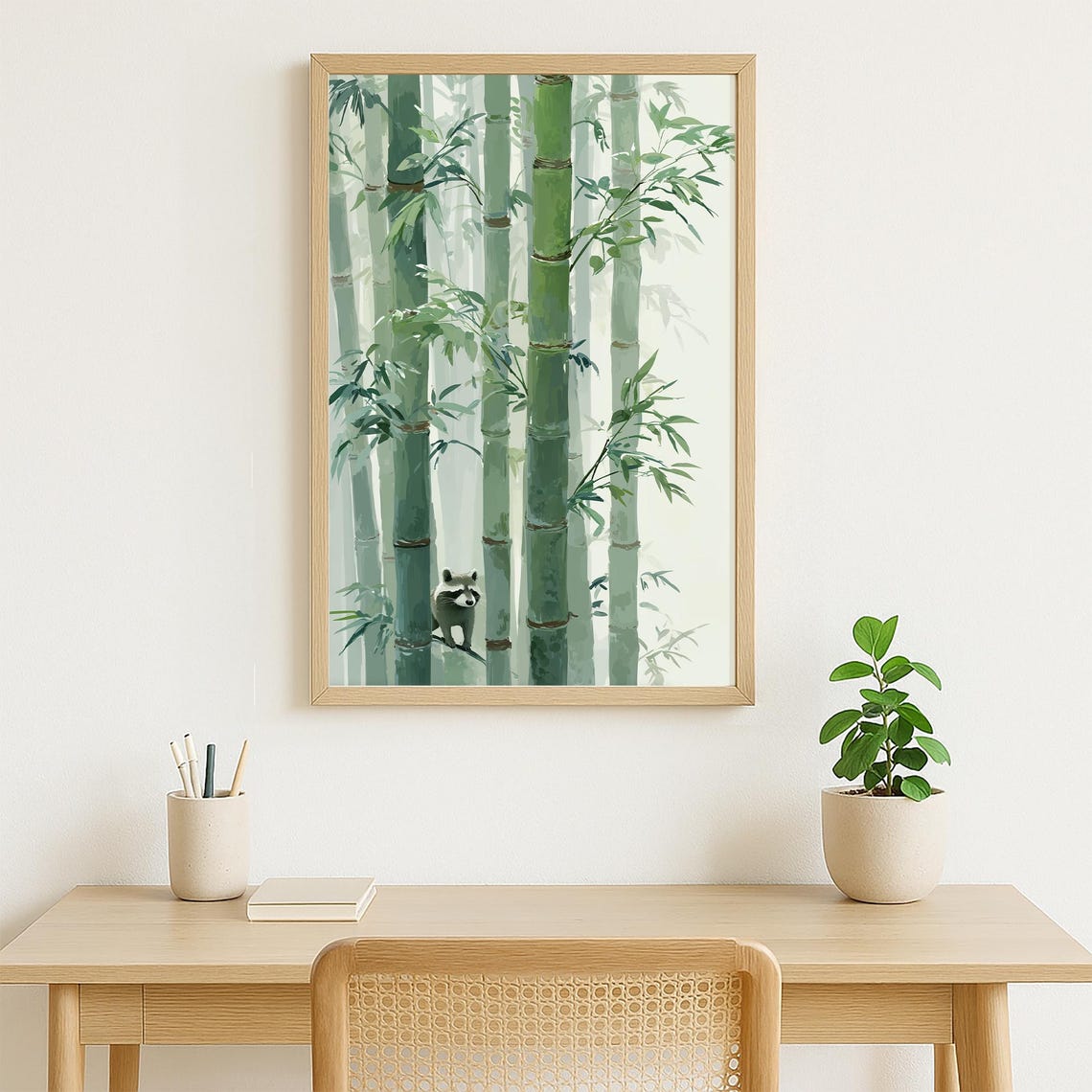 Raccoon Bamboo Forest Ink Wash Japanese Style Nature Art Poster - Image 3