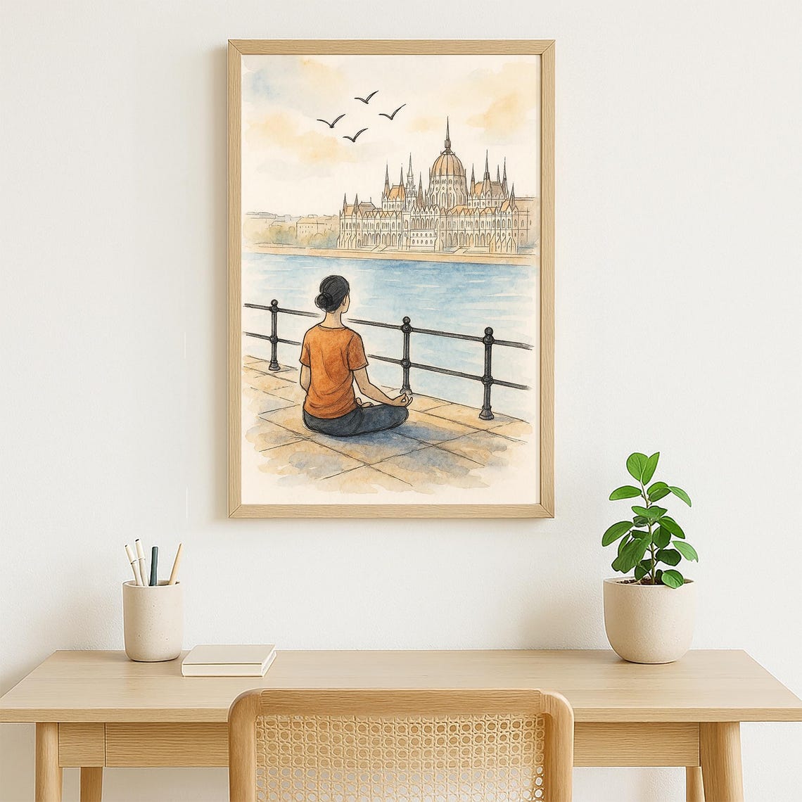 Woman Meditating by the River Before a Grand Domed Palace Poster - Image 2