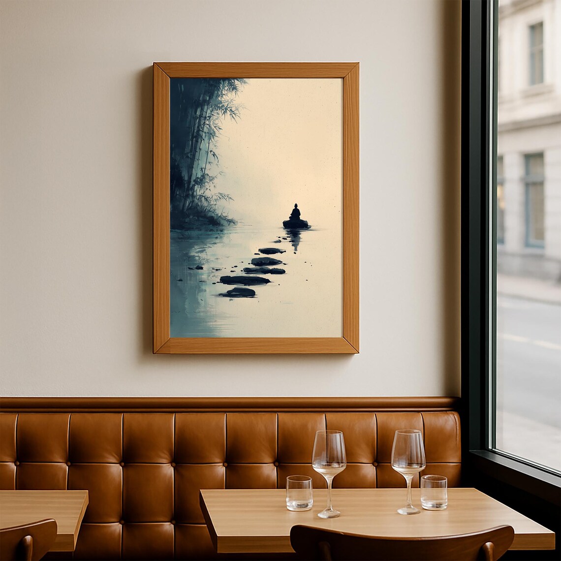 Zen Meditating Figure Stepping Stones Bamboo Ink Wash Art Poster - Image 2