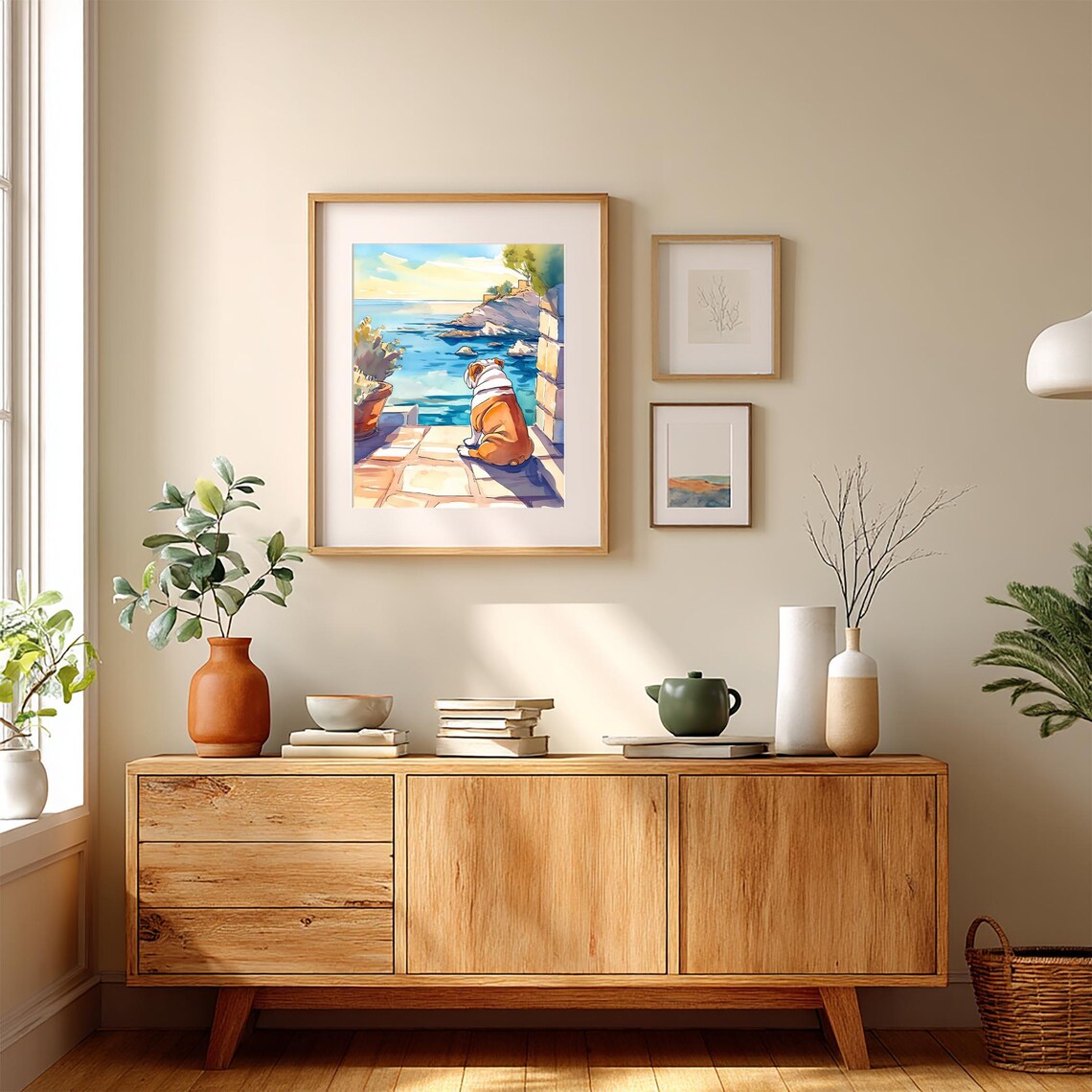 English Bulldog Watercolor Seaside Terrace Coastal View Poster - Image 5