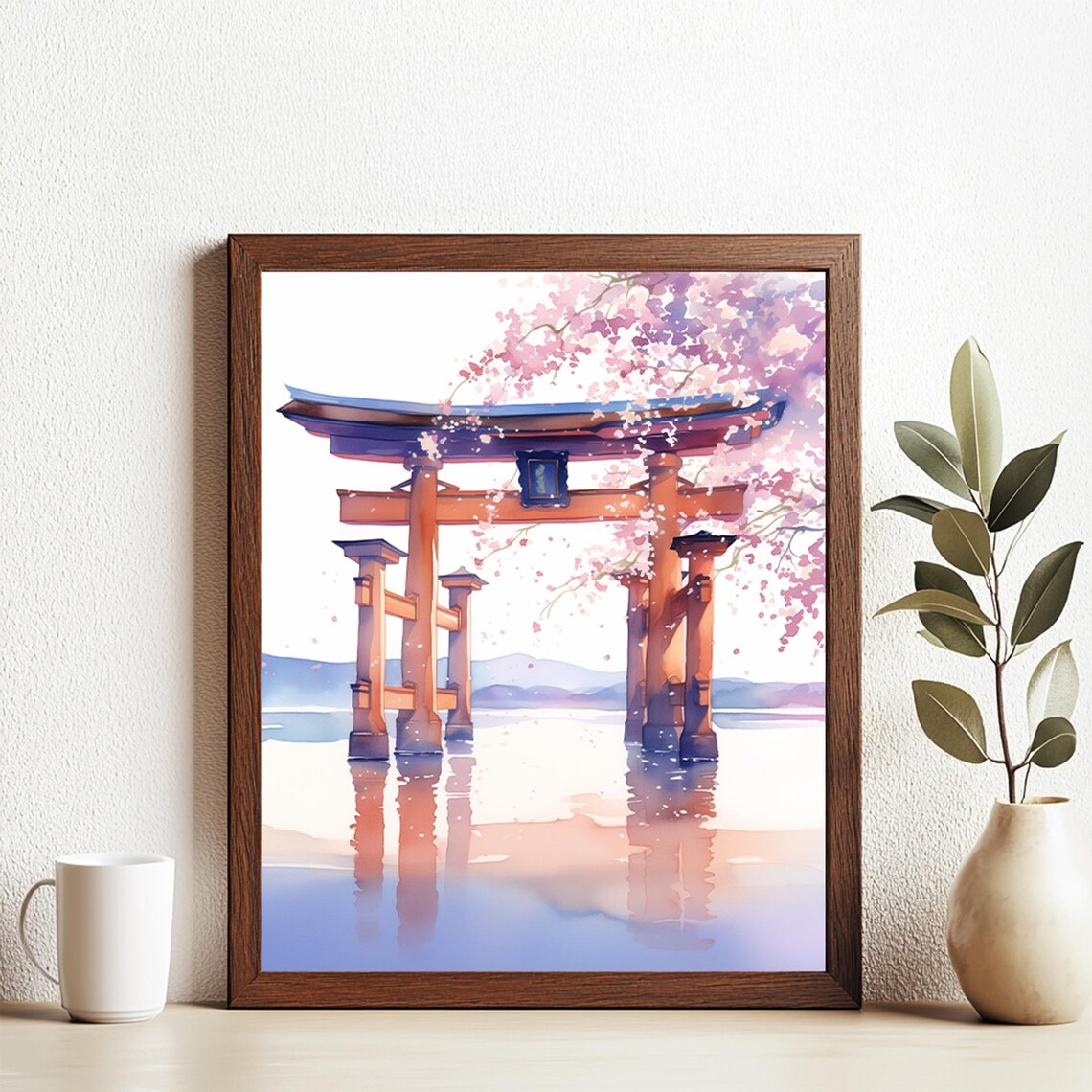 Japanese Floating Torii Gate Cherry Blossom Watercolor Poster