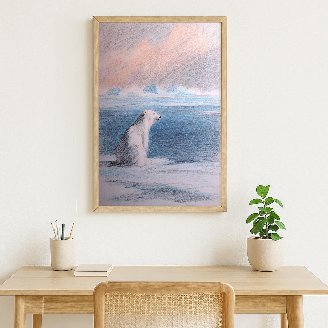 Lonely Polar Bear on Arctic Ice Soft Colored Pencil Art Poster - Image 2