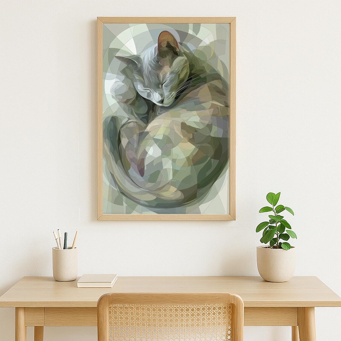 Sleeping Cat Geometric Mosaic Green Stained Glass Style Art Poster - Image 4