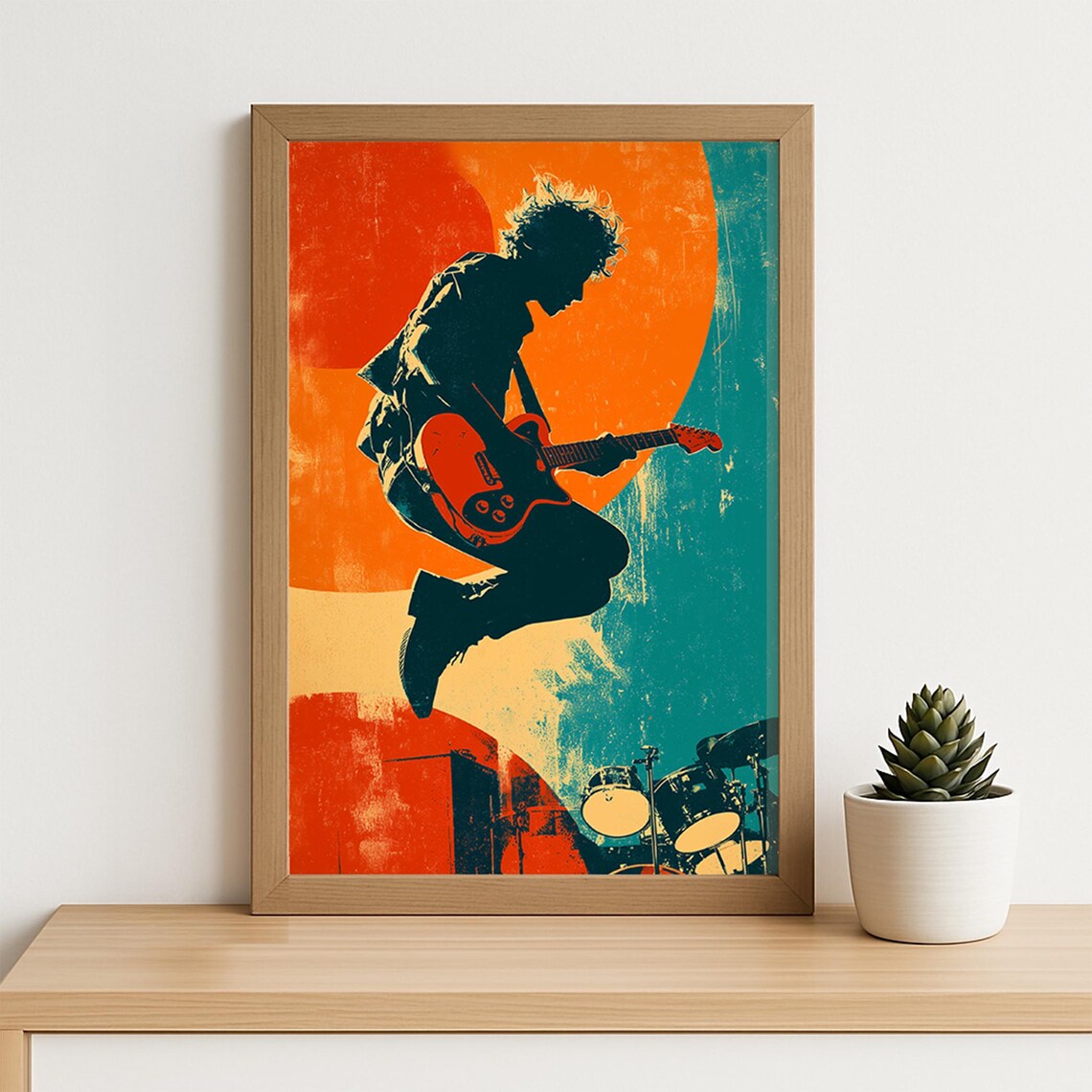 Leaping Rock Guitarist Orange Teal Pop Art Concert Music Poster