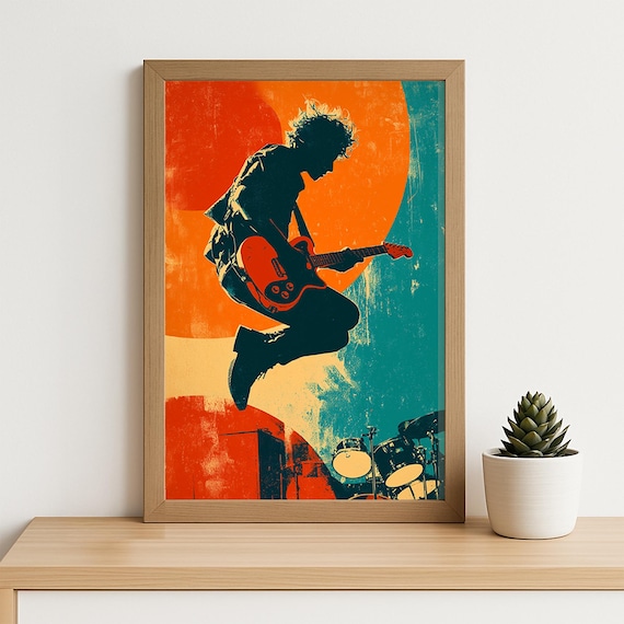 Leaping Rock Guitarist Orange Teal Pop Art Concert Music Poster