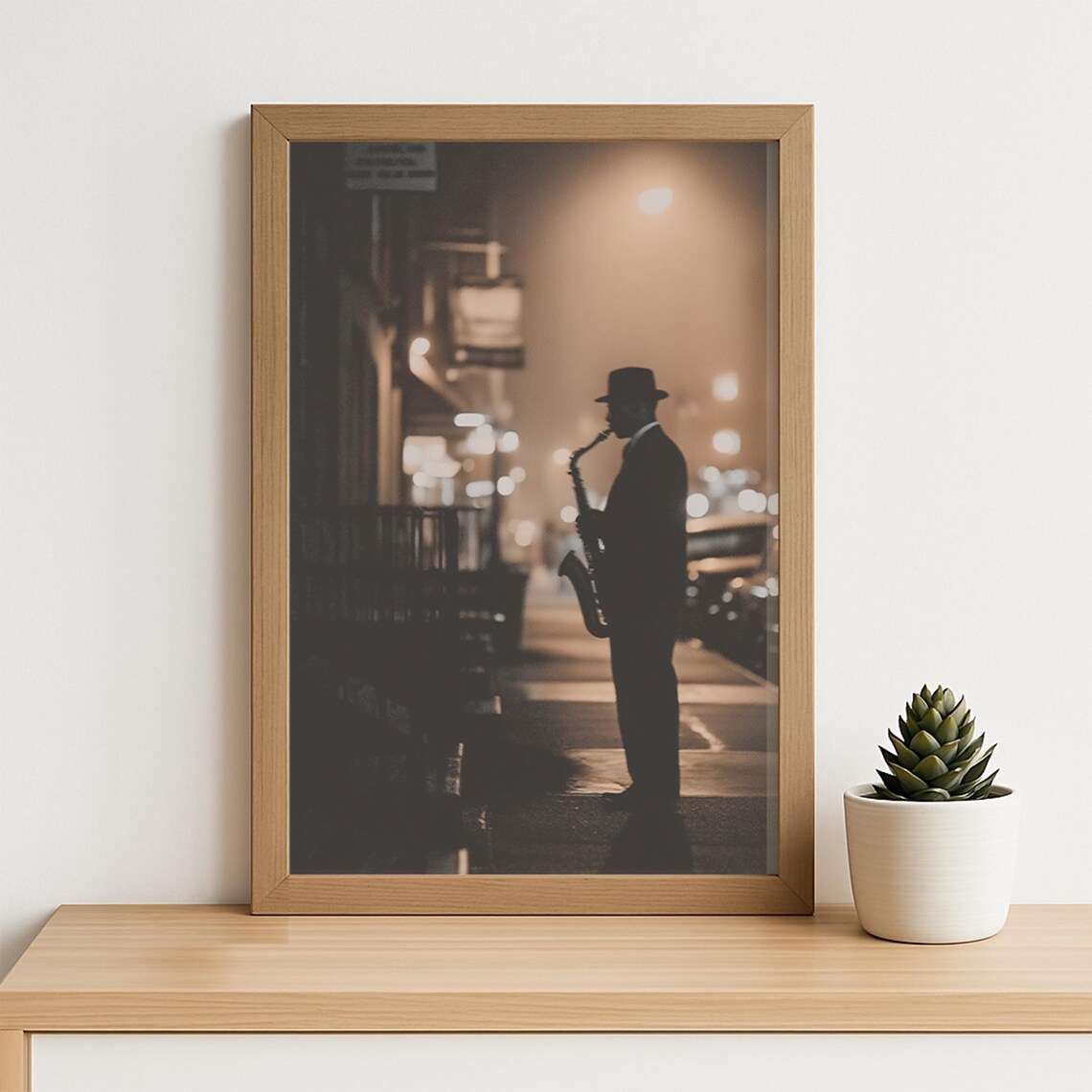 Vintage Harlem Jazz Saxophone Night Street Silhouette Wall Art