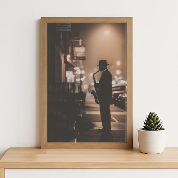 1950s Harlem Saxophone Silhouette Poster Vintage Jazz Night Street Photography Print Moody Retro Nyc Wall Art For Music Lovers