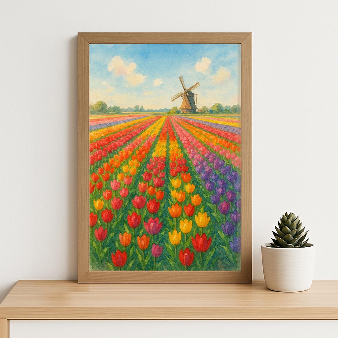Dutch Tulip Field Watercolor Colorful Windmill Spring Poster