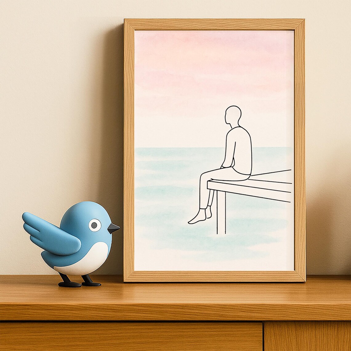 Minimalist Line Art Person on Dock Serene Ocean View Wall Art - Image 4