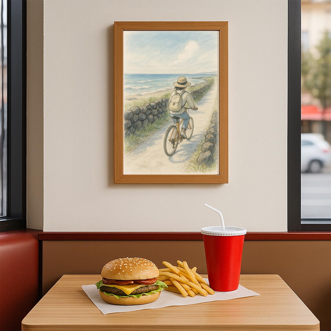 Woman Cycling Coastal Road Ocean View Drawing Travel Art Poster - Image 4
