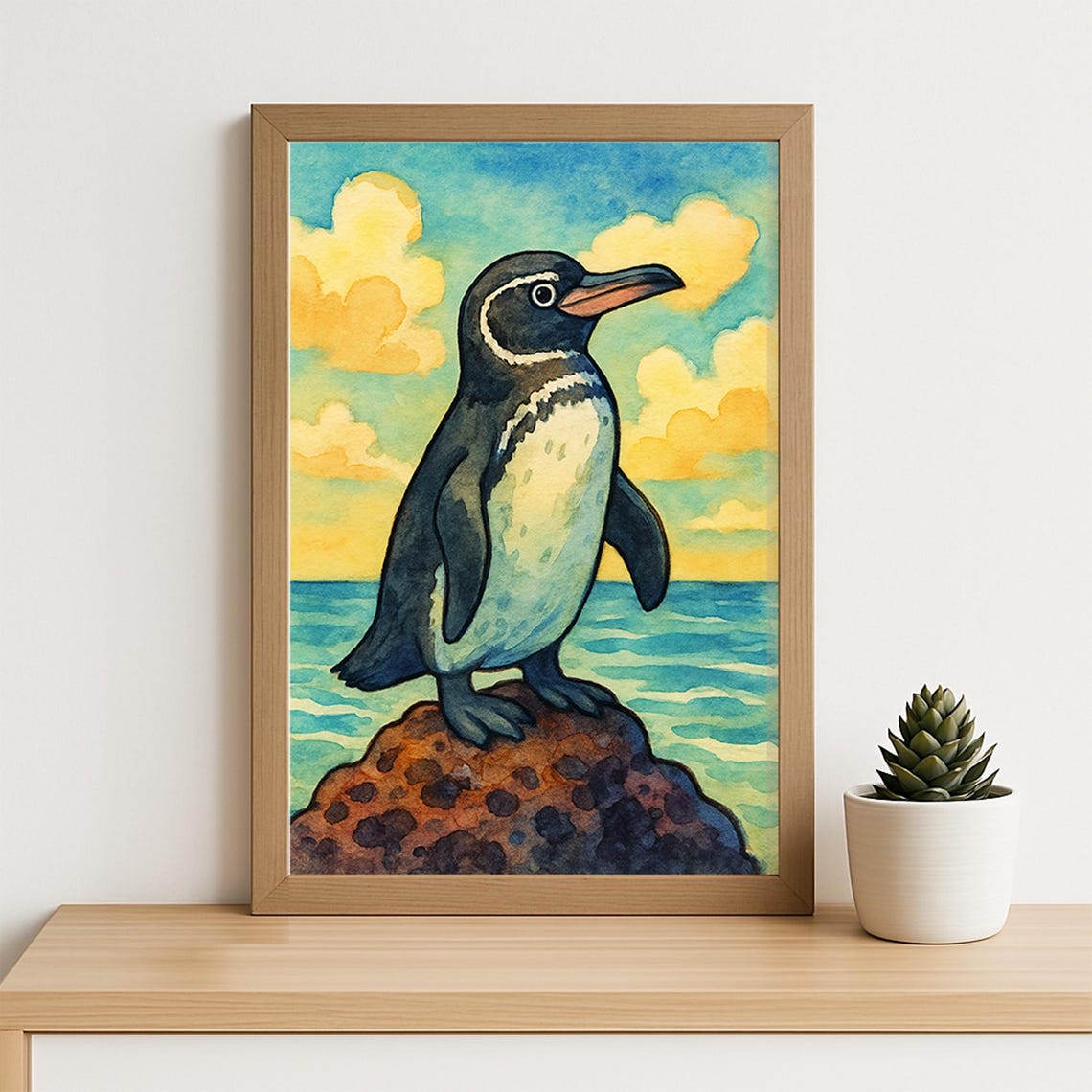 Galapagos Penguin Watercolor Poster on Lava Rock at Sunset Ocean Art