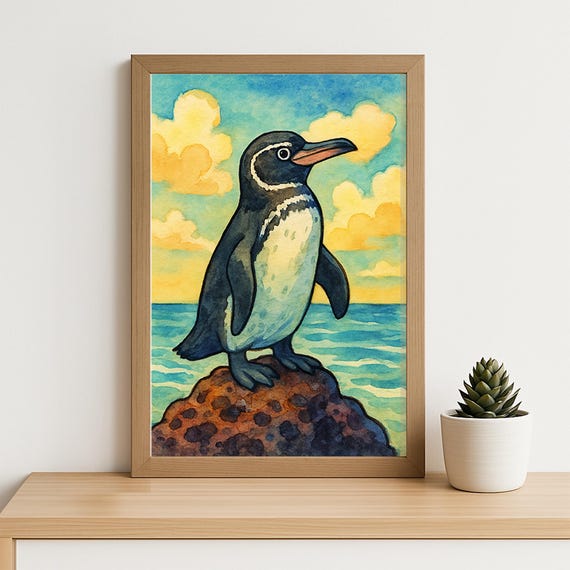 Whimsical Penguin Watercolor Print Cute Ocean Animal Wall Art Tropical Beach Sunset Illustration Galapagos Wildlife Decor
